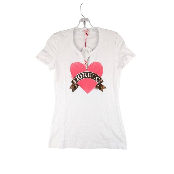 Fiorucci T-Shirt Womens Small White Heart Banner Short Sleeve Made in Italy NWT - Picture 1 of 8